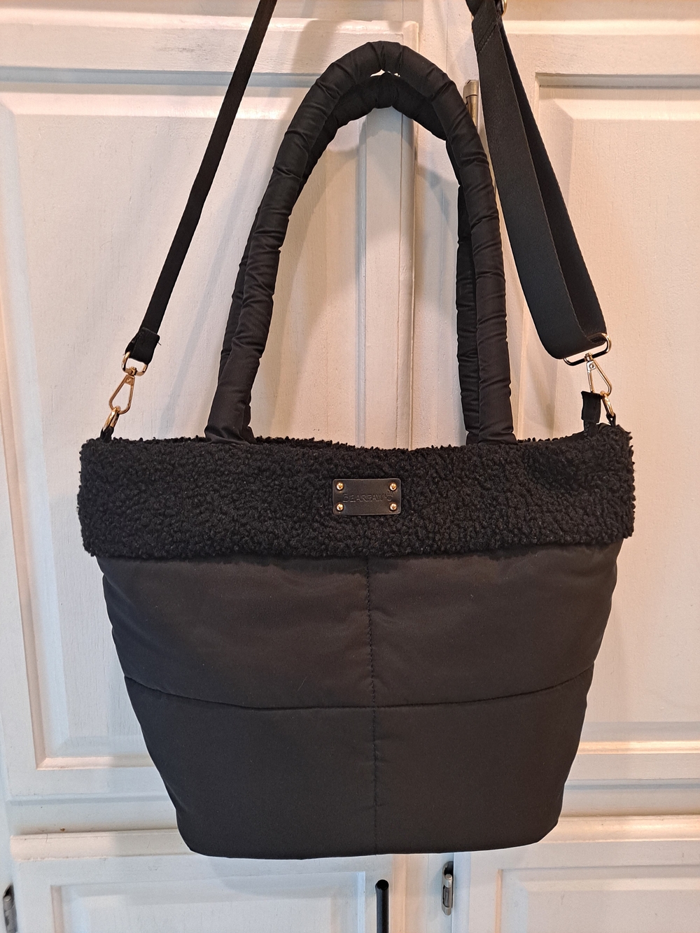 BearPaw Black Nylon Quilted Sherpa-Trim Puffer Tote Detachable Strap Lightweight